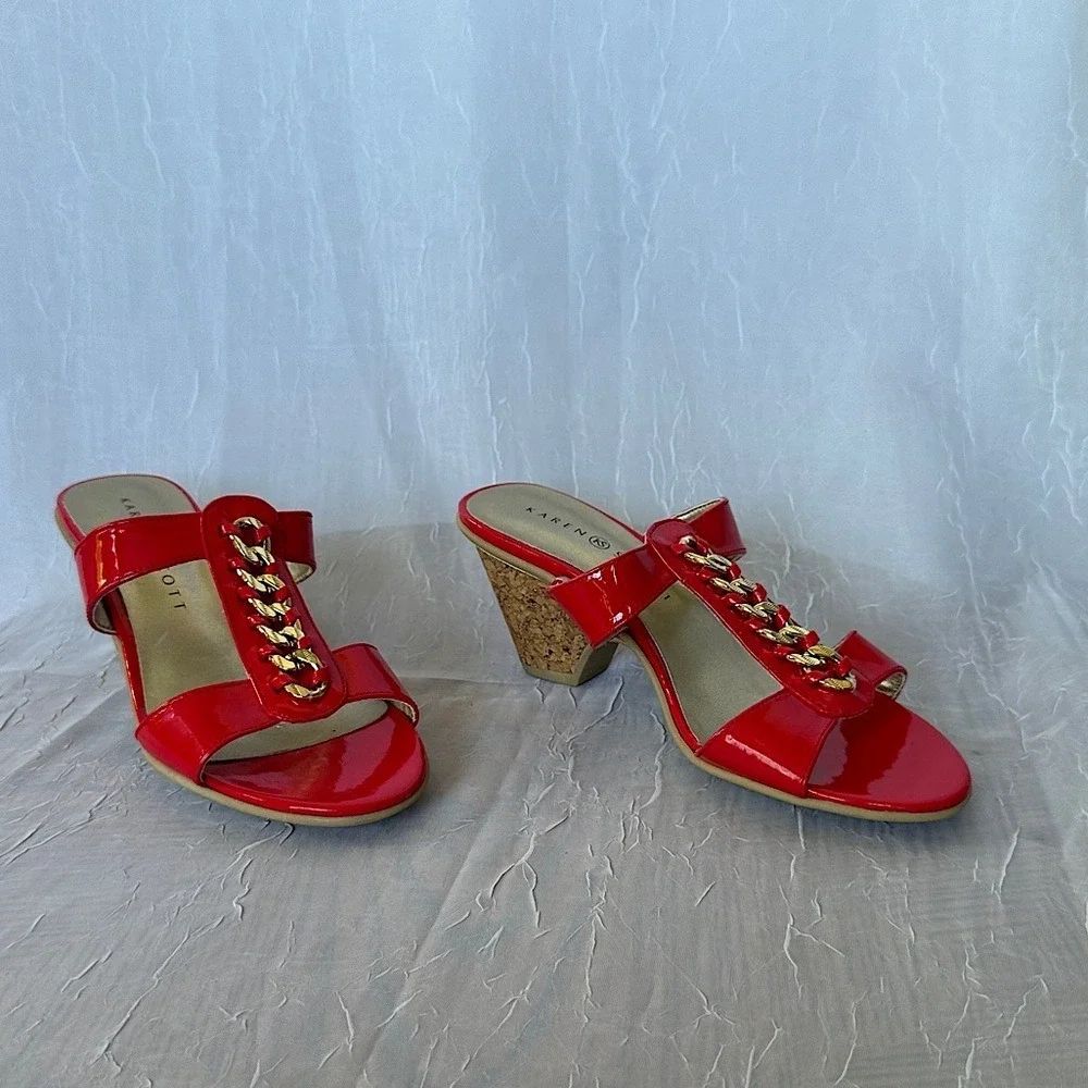 3/$20💥 Karen Scott Red & Gold Chain Embellished Slip On Kyley‎ Wedge Cork Heels